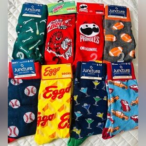8 pairs mid-calf novelty socks - Martini’s, Mountain Dew, Pringles, Eggo more